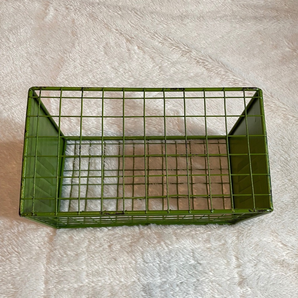 Vintage Industrial Green Metal Wire Storage Basket with Handle Distressed Finish